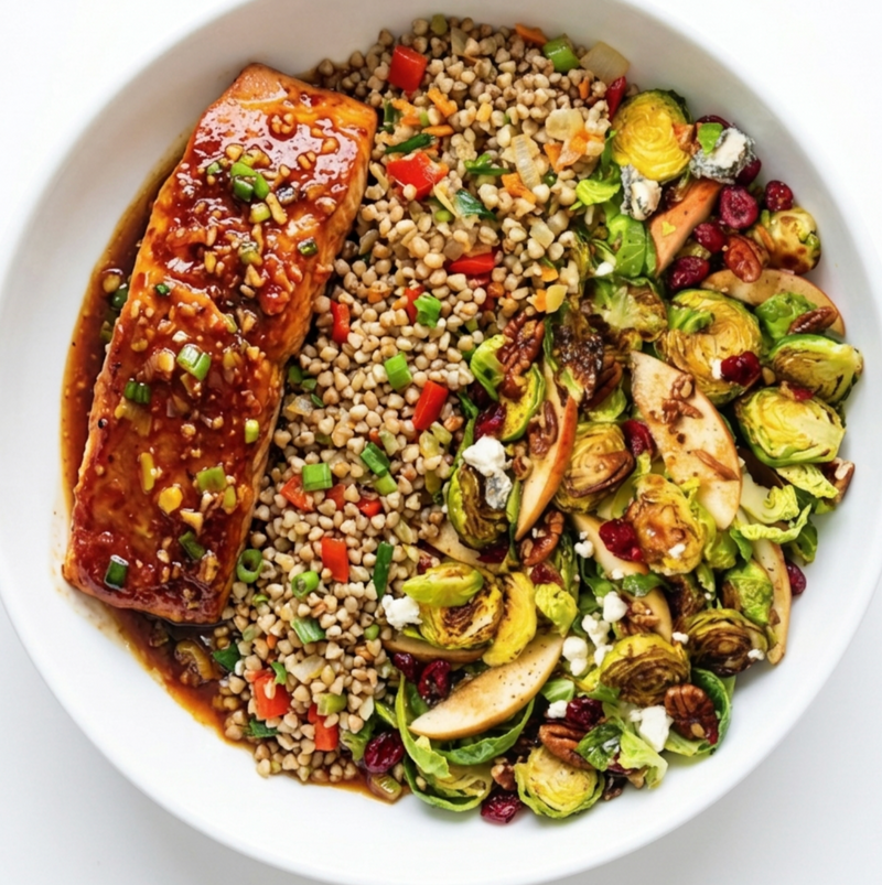 Lemongrass Ginger Salmon with Buckwheat Pilaf & Roasted Brussels Sprouts