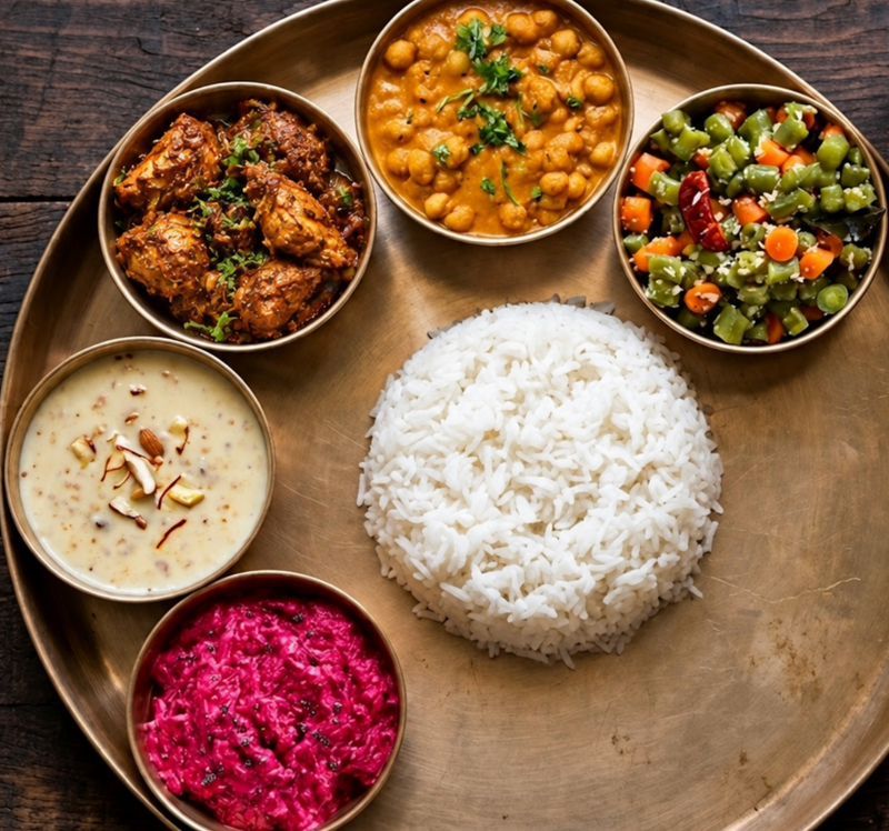 Chicken Sukha Thali with Chana Kurma, Green Beans Carrot Poriyal, Sona Masuri Rice, Jackfruit Mung Daal Payassam, Raita of the Day