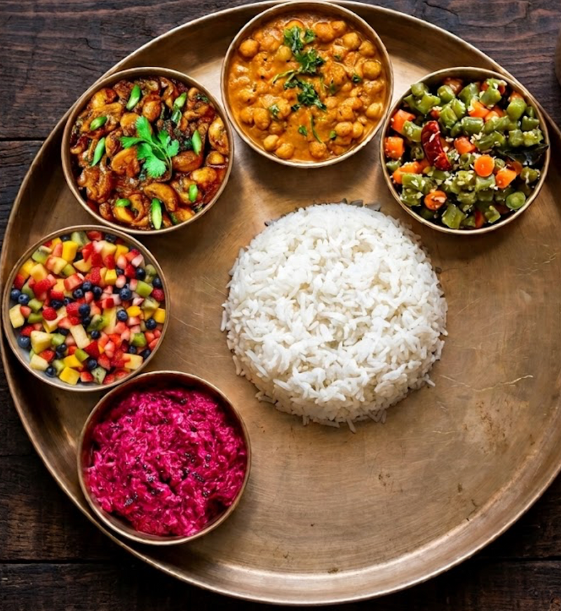 Mushroom Sukha Thali (Vegan) with Chana Kurma, Green Beans Carrot Poriyal, Sona Masuri Rice, Vegan Salad of the Day, Vegan Raita of the Day