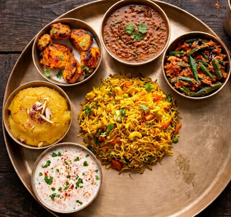 Tandoori Chicken Thali with Daal Makhni, Bhindi Masala, Veg Pulao, Mung Daal Halwa, Raita of the Day