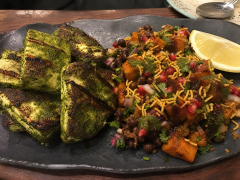 Herb-Grilled Hariyali Paneer w/sweet potato kala chana chaat salad