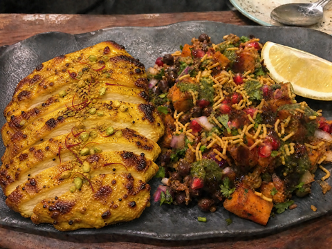 Zafrani Chicken w/sweet potato kala chana chaat salad